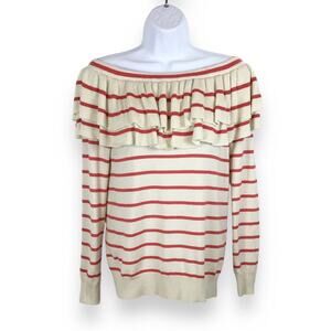 Off Shoulder Ruffled Neckline Long Sleeve Striped Sweater Sz S
